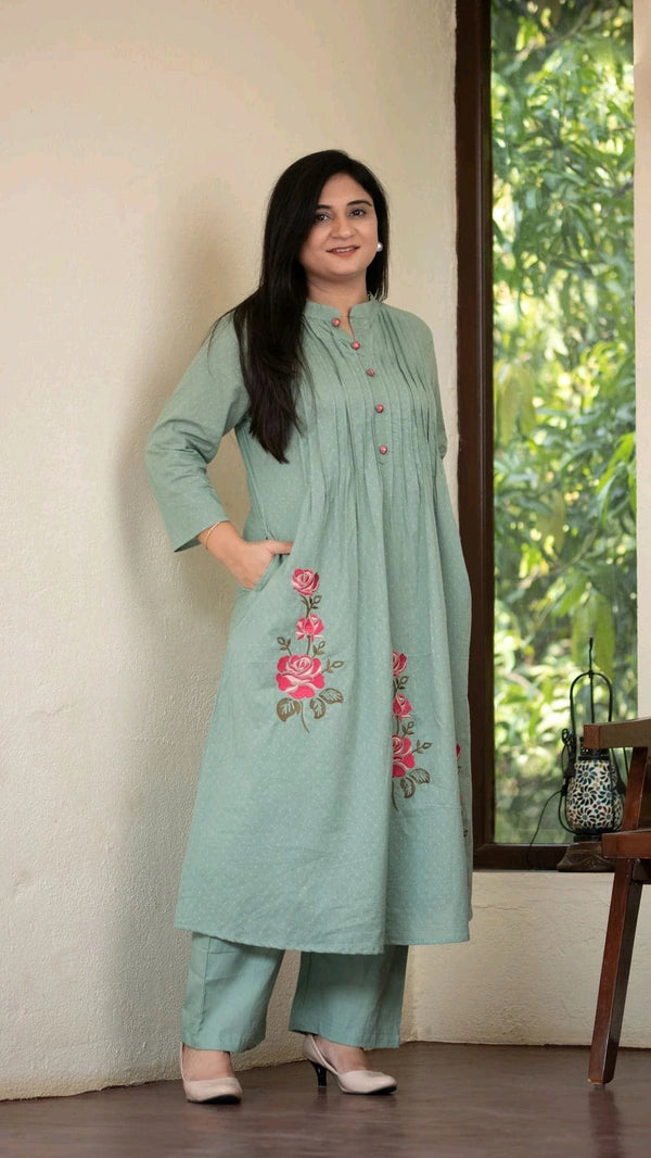 Tulika Sea green Pure Cotton Floral Kurta Set