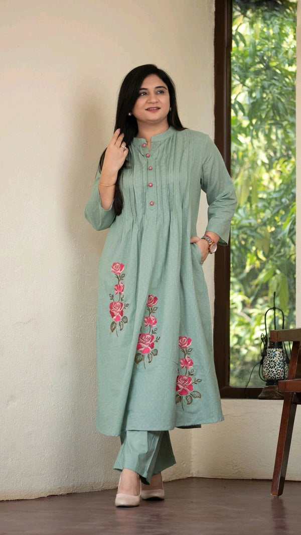 Tulika Sea green Pure Cotton Floral Kurta Set