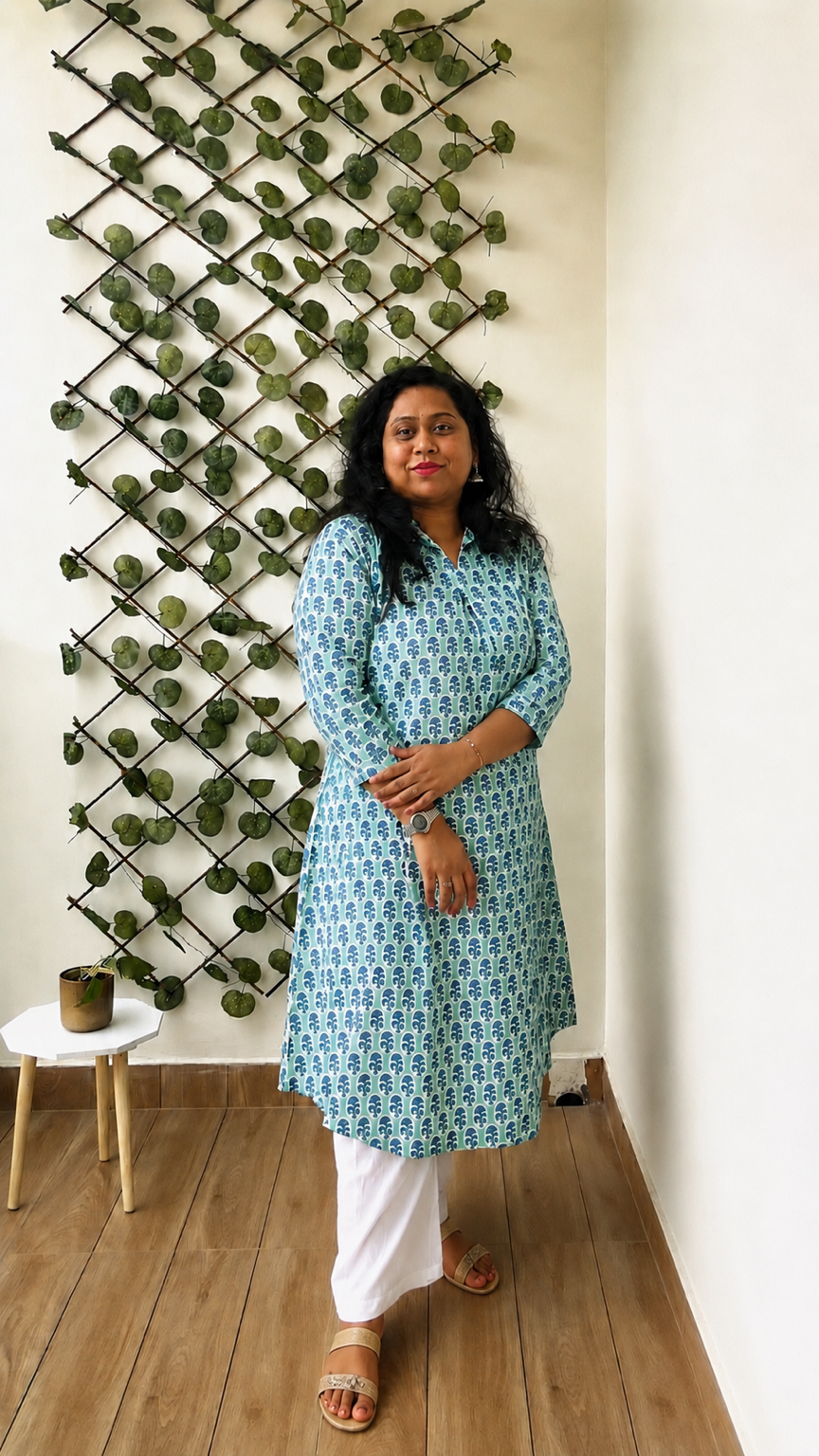 Meera – Sea Green Booti Print A-Line Kurta Palazzo Set in Pure Cotton for Women