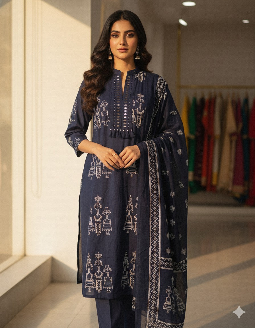 Surabhi Navy Blue tribal print premium Cotton kurti set