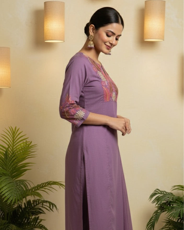 Mekha Premium Cotton embroidered Kurti set in Lavender