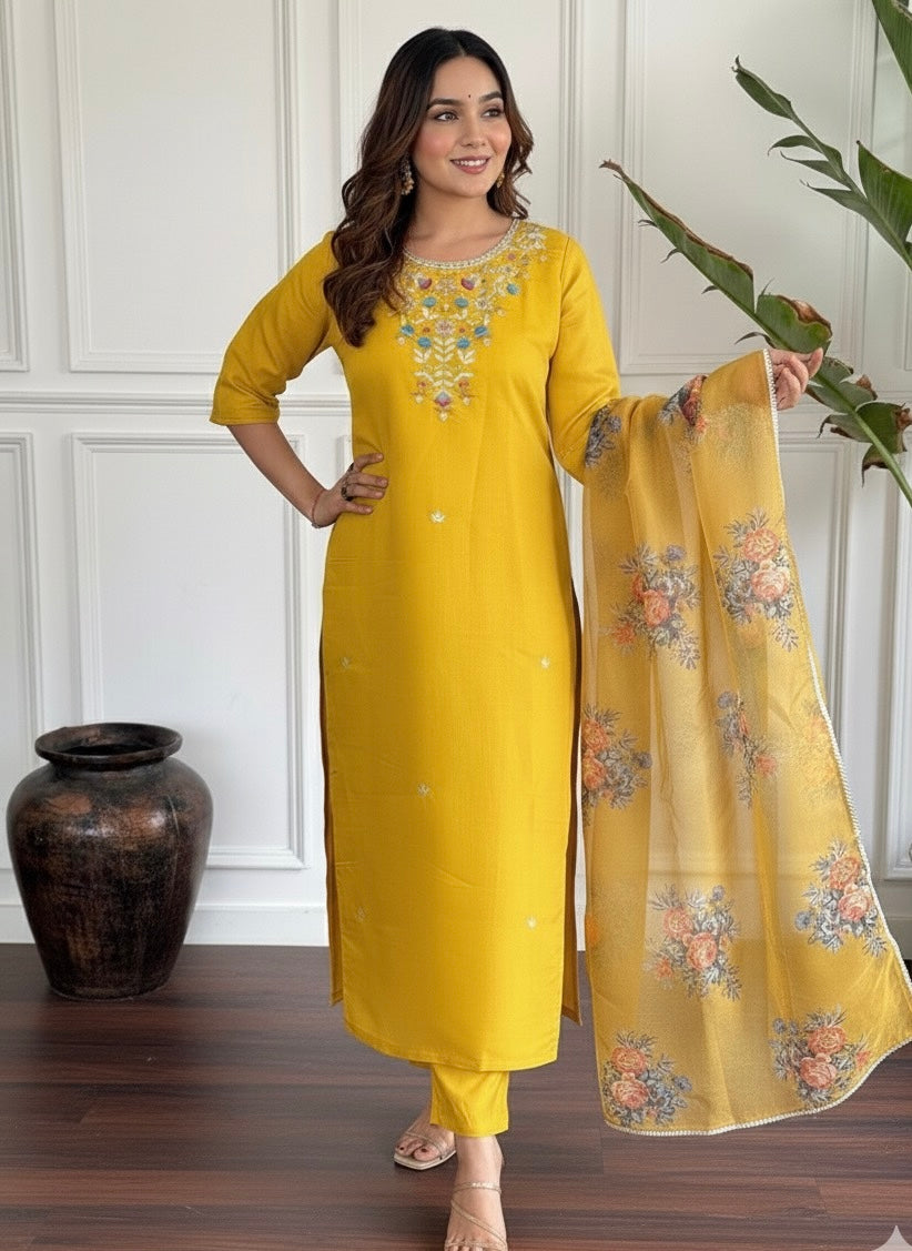 Manini Mustard yellow straight Kurti set with contrasting floral print dupatta