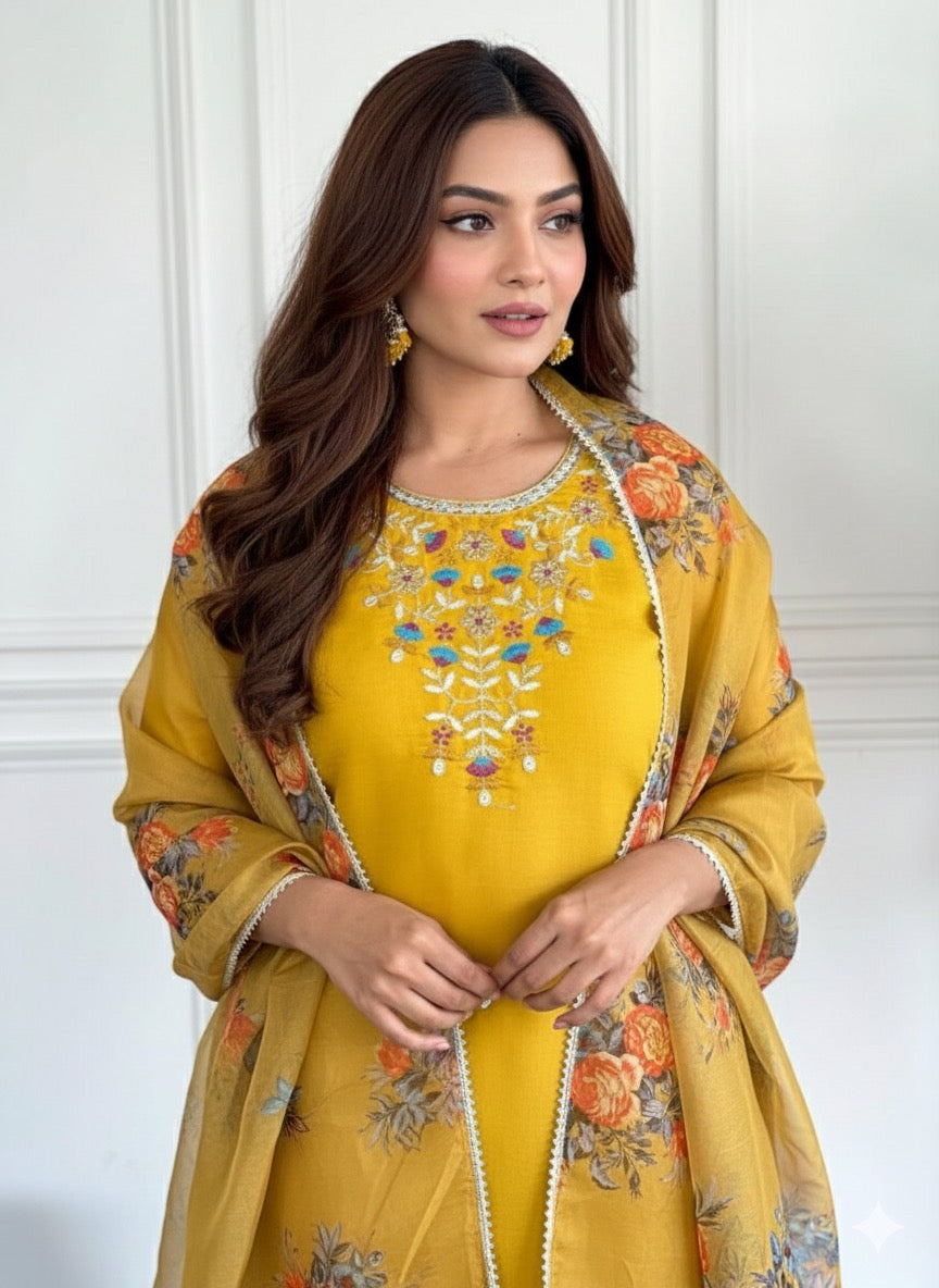 Manini Mustard yellow straight Kurti set with contrasting floral print dupatta