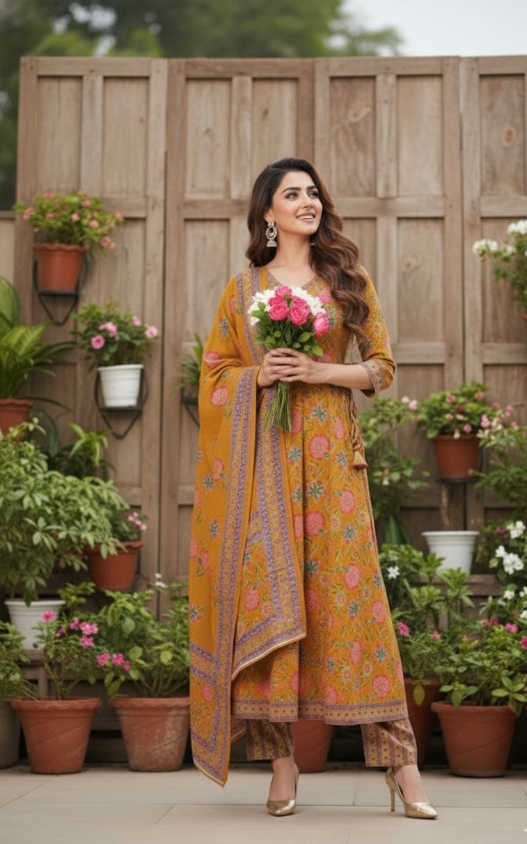 Reya Jaipuri Print Premium Cotton Angrakha style Anarkali Kurti set