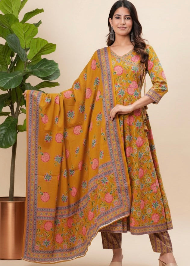 Reya Jaipuri Print Premium Cotton Angrakha style Anarkali Kurti set