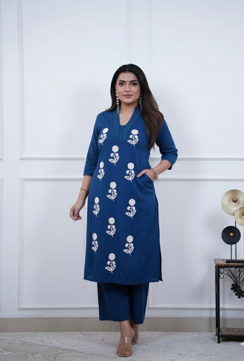 Amaira Cotton Embroidered Kurti Palazzo set
