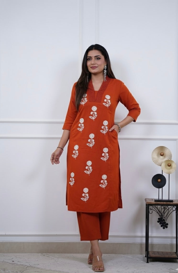 Amaira Cotton Embroidered Kurti Palazzo set