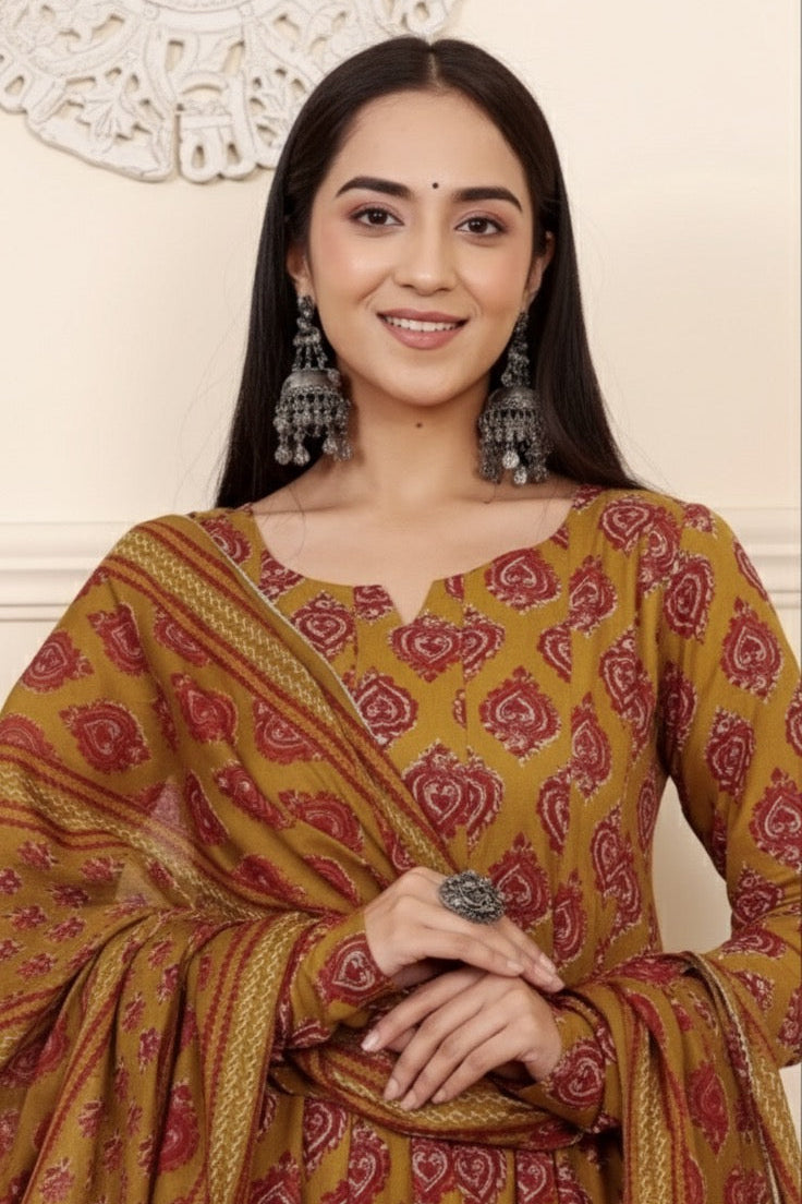 Pritha Traditional Jaipuri Print Anarkali Set in Mustard & Maroon with Dupatta