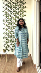 Meera – Sea Green Booti Print A-Line Kurta Palazzo Set in Pure Cotton for Women