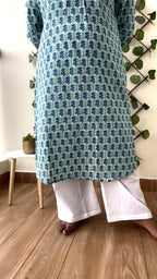 Meera – Sea Green Booti Print A-Line Kurta Palazzo Set in Pure Cotton for Women