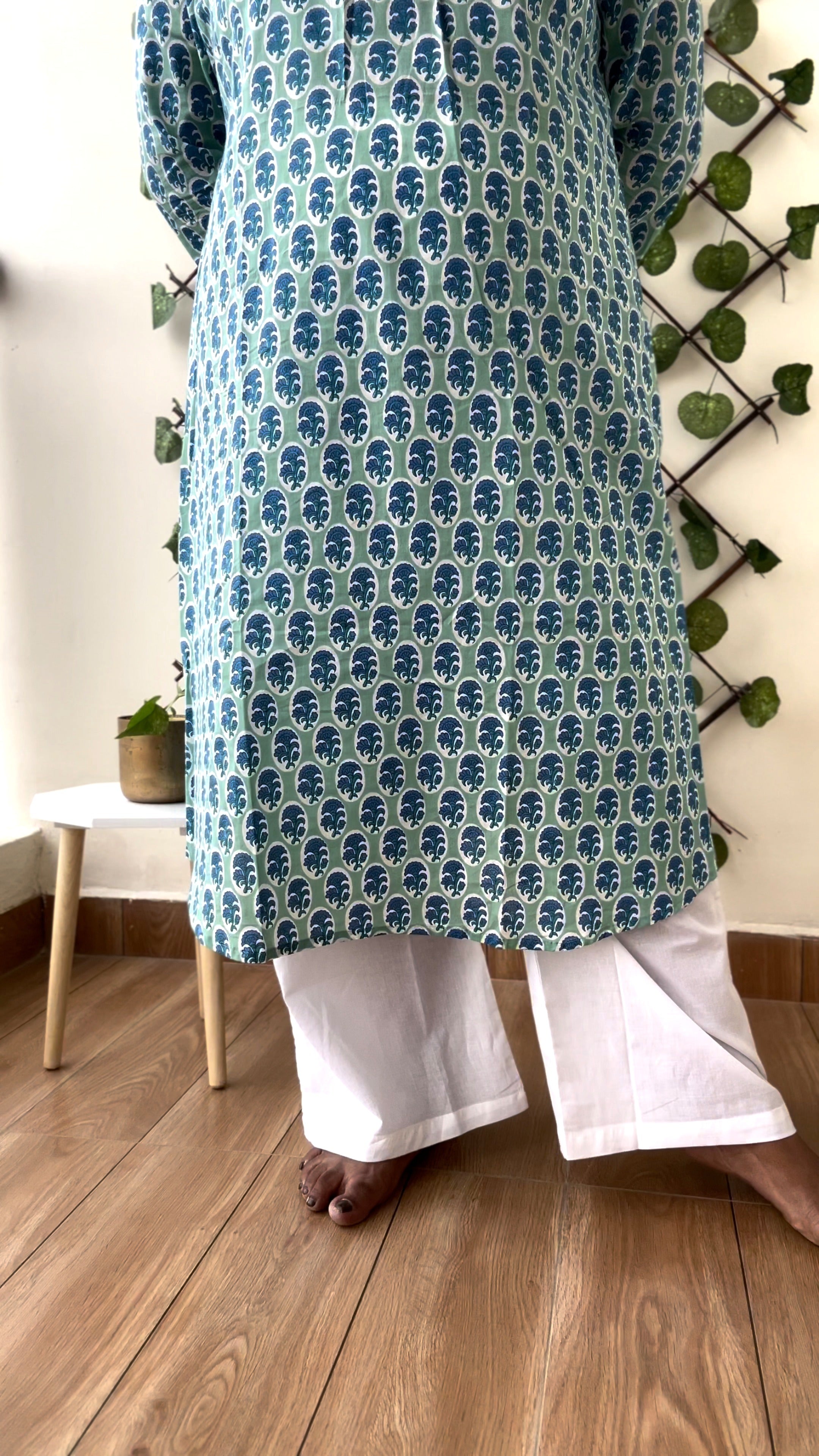Meera – Sea Green Booti Print A-Line Kurta Palazzo Set in Pure Cotton for Women