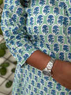 Meera – Sea Green Booti Print A-Line Kurta Palazzo Set in Pure Cotton for Women