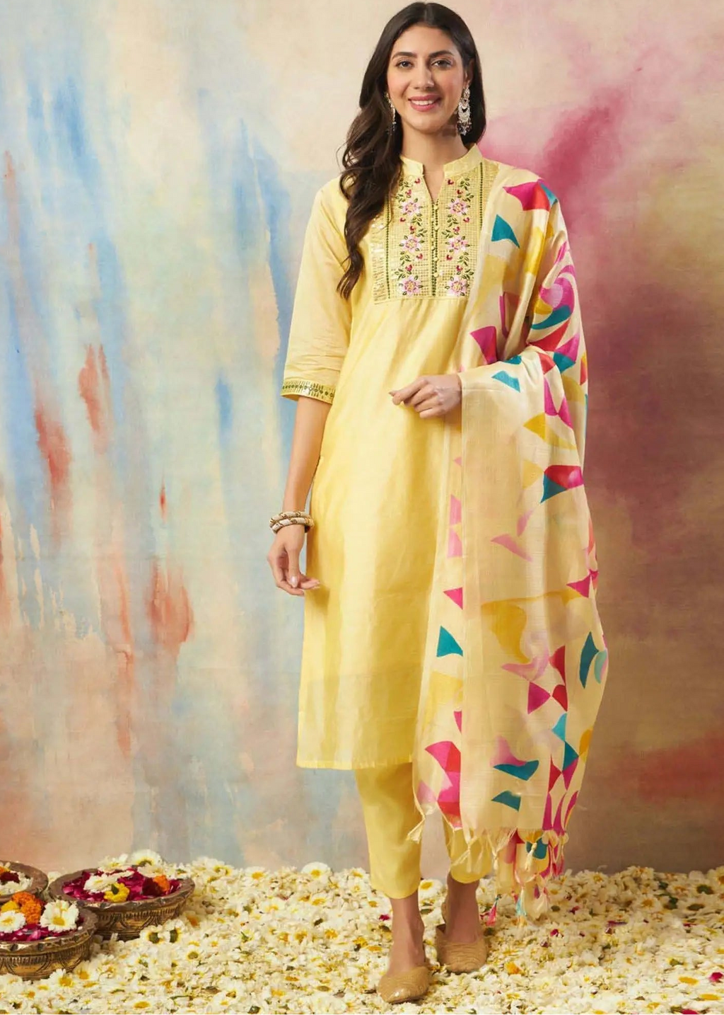 Aarohi Yellow Chanderi Embroidered Kurti Set