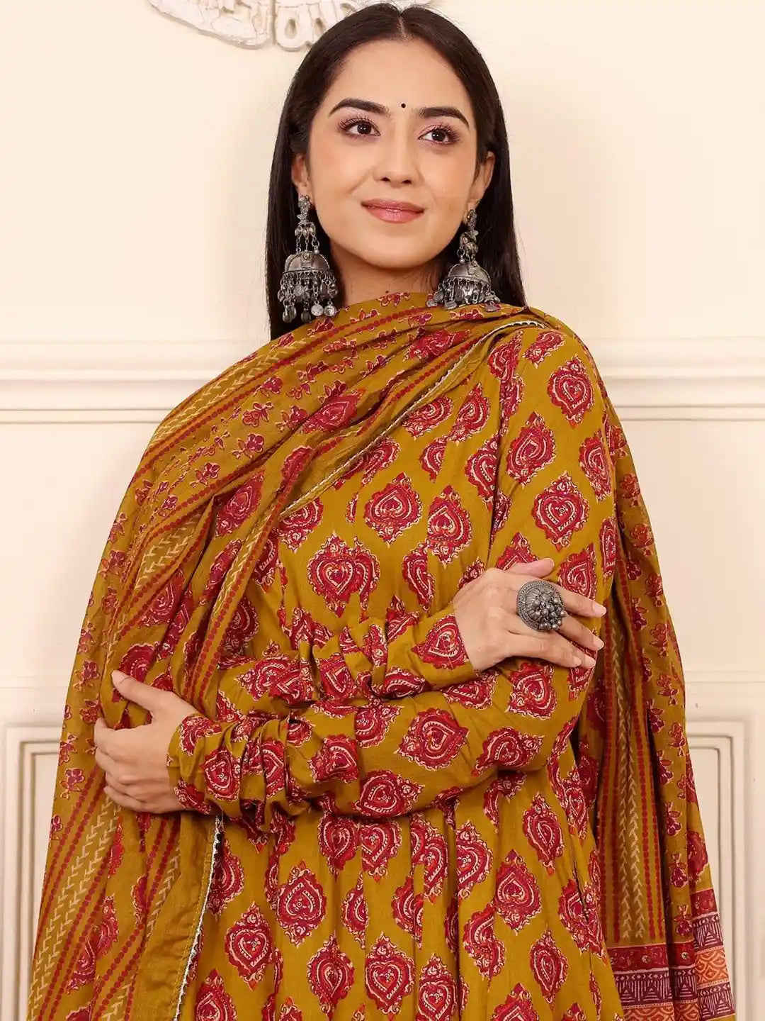 Pritha Traditional Jaipuri Print Anarkali Set in Mustard & Maroon with Dupatta