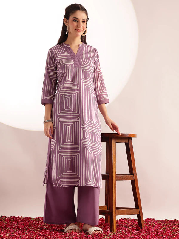 Rimi Geometrical Printed Cotton Lavender Kurta set