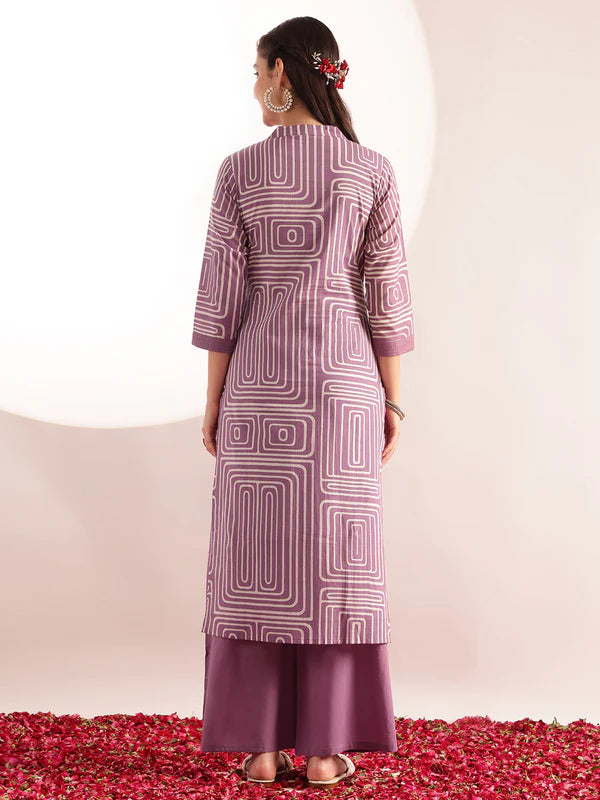 Rimi Geometrical Printed Cotton Lavender Kurta set