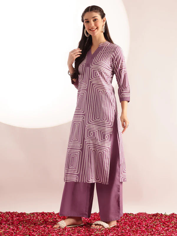 Rimi Geometrical Printed Cotton Lavender Kurta set