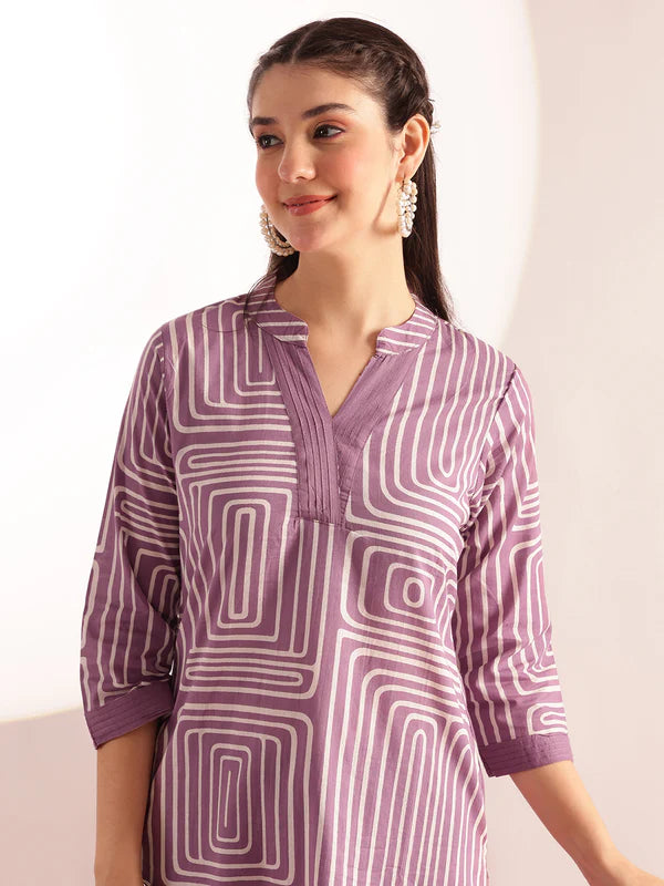 Rimi Geometrical Printed Cotton Lavender Kurta set