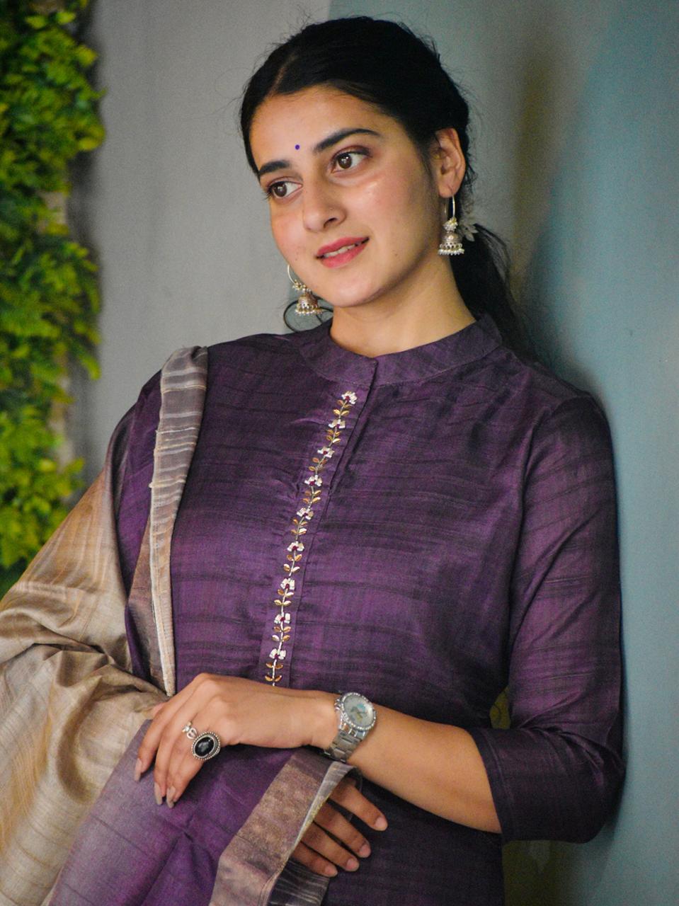 Lavya Handloom semi-silk embroidery purple Kurti set