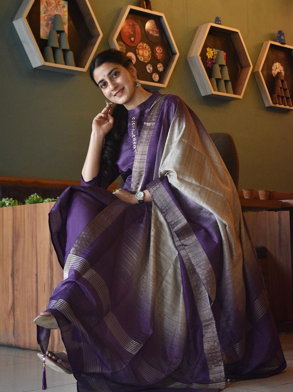 Lavya Handloom semi-silk embroidery purple Kurti set