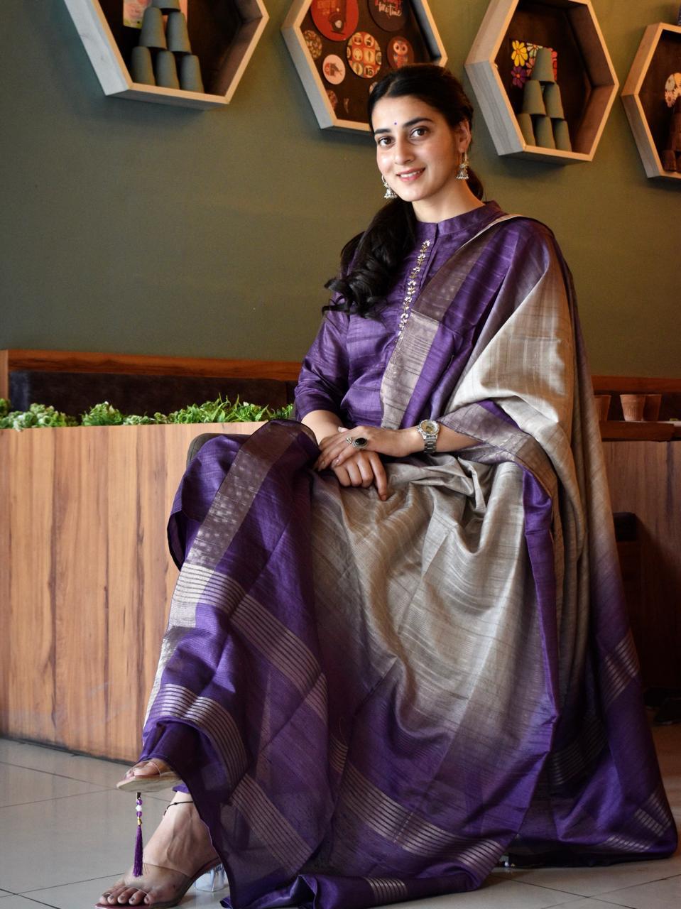 Lavya Handloom semi-silk embroidery purple Kurti set