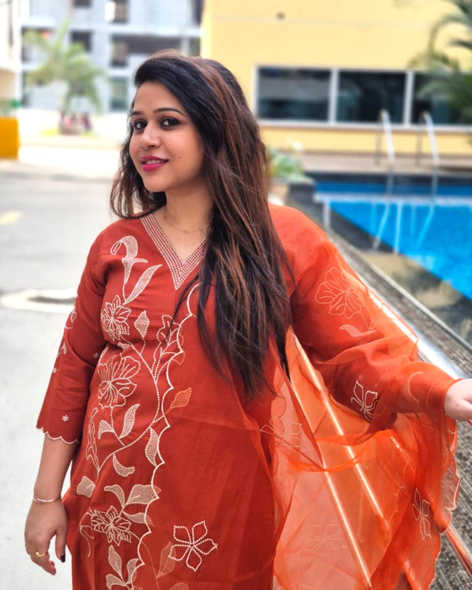 Reva Premium Rust Orange Embroidered Festive Kurti set