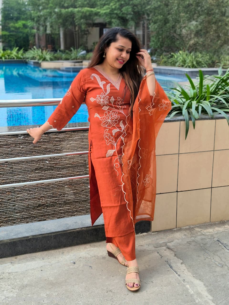 Reva Premium Rust Orange Embroidered Festive Kurti set