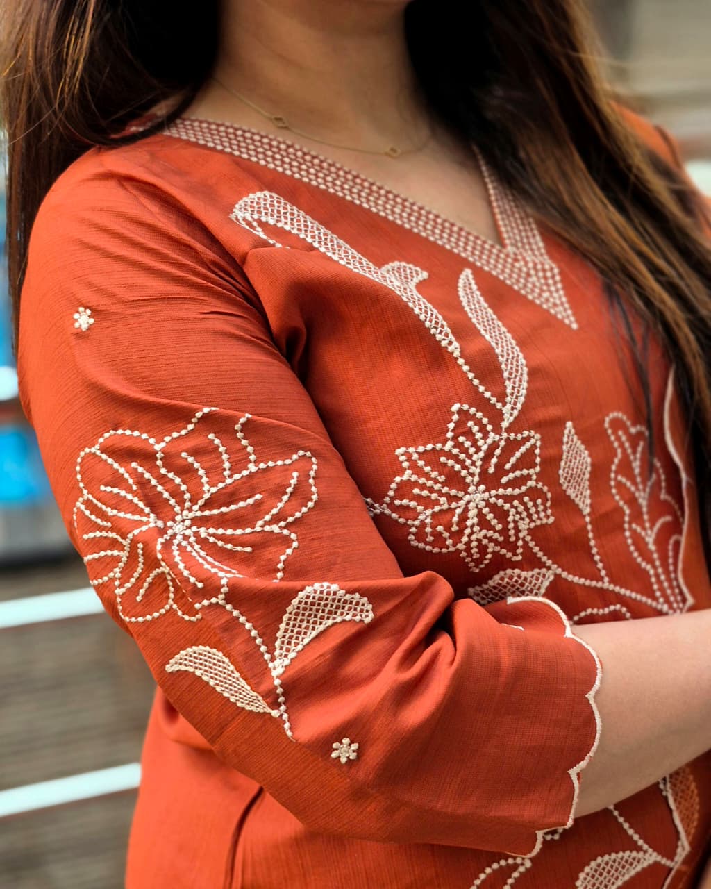Reva Premium Rust Orange Embroidered Festive Kurti set