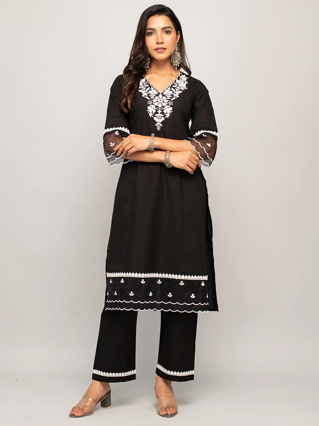 Arzoo Women's Black Cotton Floral Embroidery Straight Kurta with Palazzo
