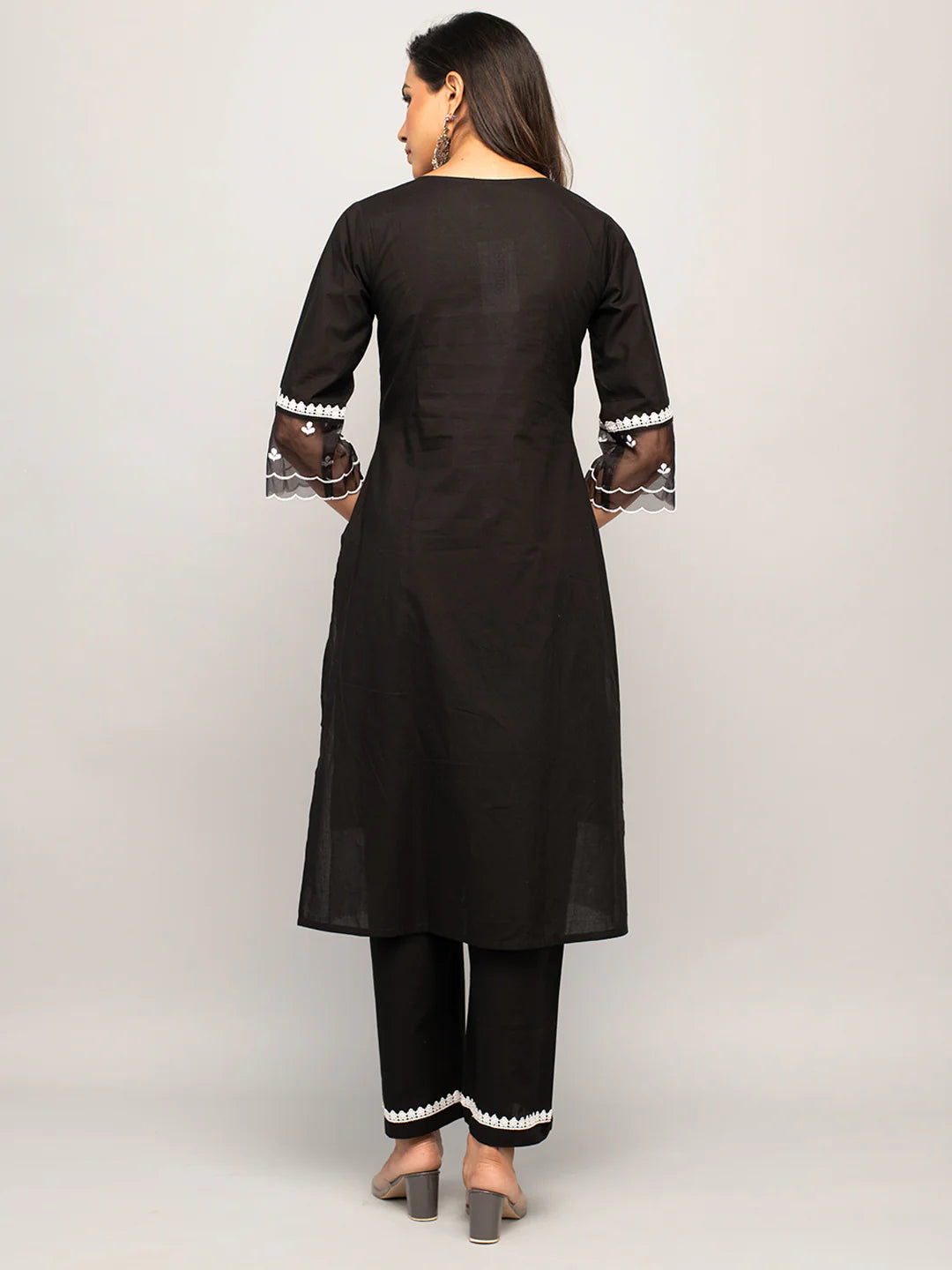 Arzoo Women's Black Cotton Floral Embroidery Straight Kurta with Palazzo