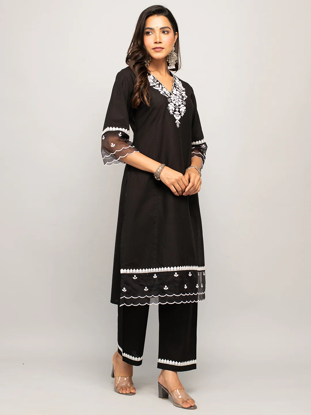 Arzoo Women's Black Cotton Floral Embroidery Straight Kurta with Palazzo