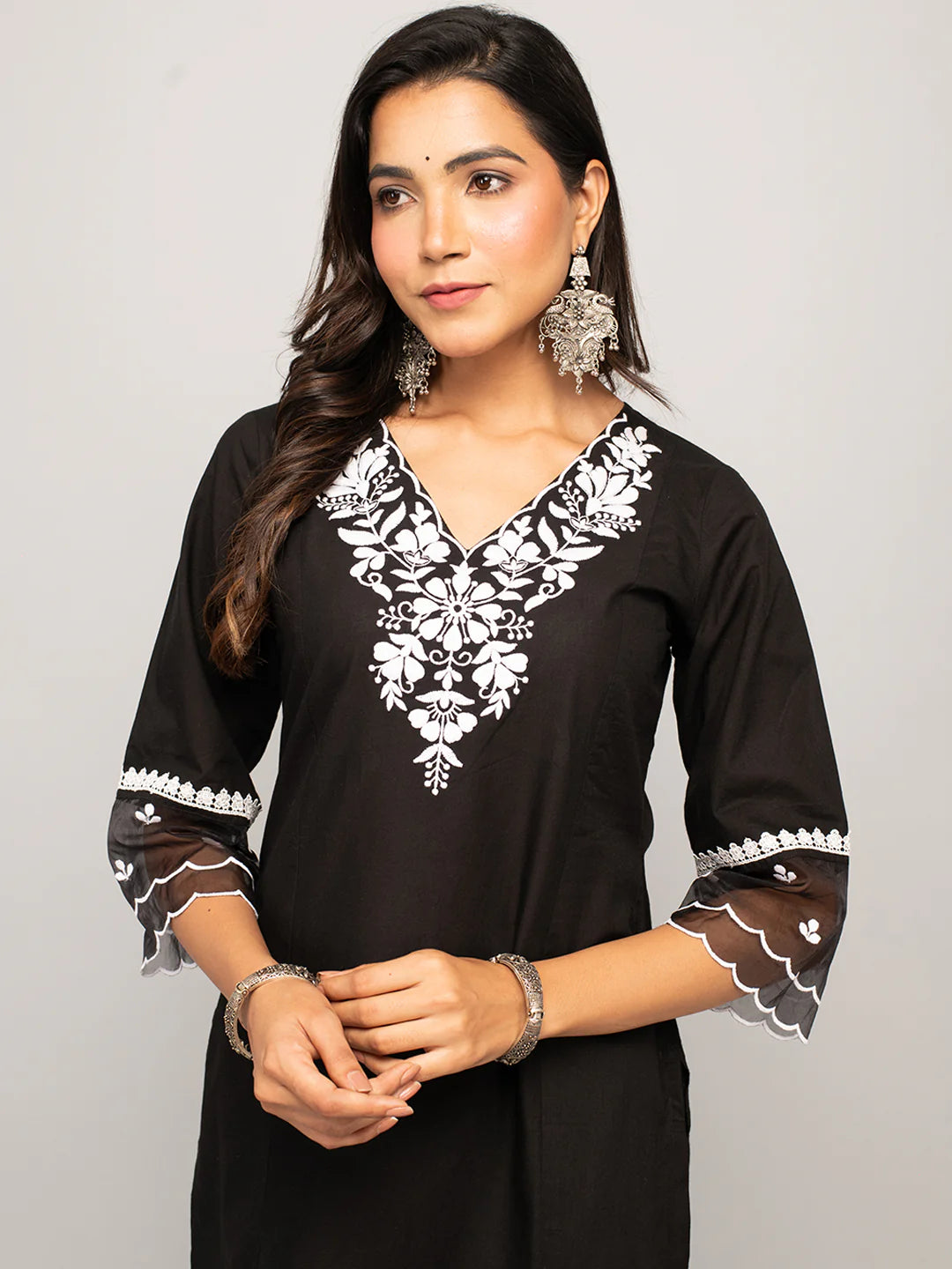 Arzoo Women's Black Cotton Floral Embroidery Straight Kurta with Palazzo