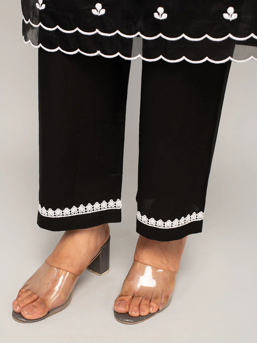 Arzoo Women's Black Cotton Floral Embroidery Straight Kurta with Palazzo