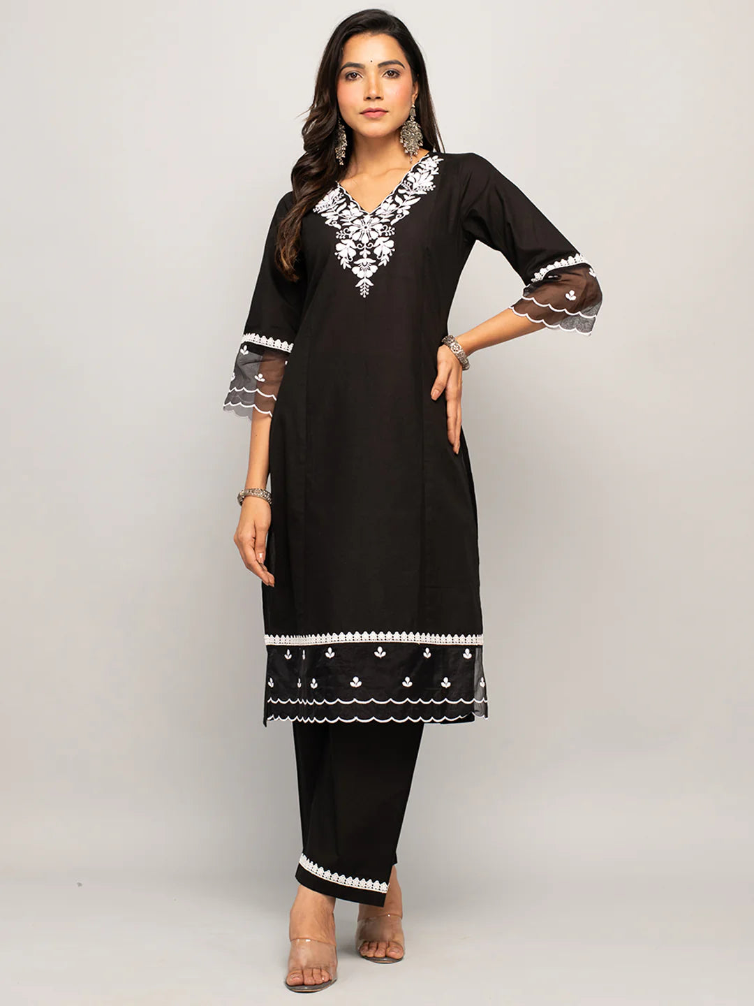 Arzoo Women's Black Cotton Floral Embroidery Straight Kurta with Palazzo