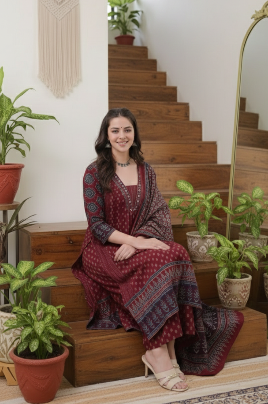 Nimisha Printed Red Anarkali Kurti Set