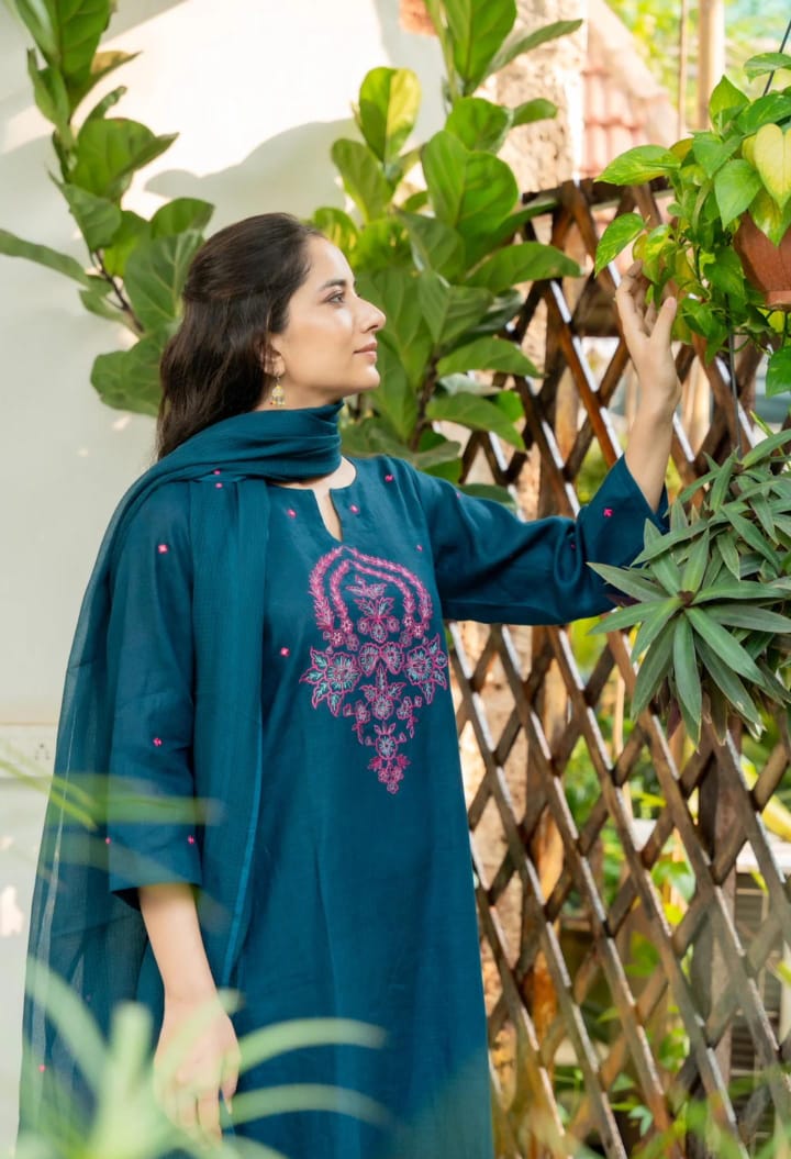 Priya Premium Cotton Kurti set with palazzo in Teal blue