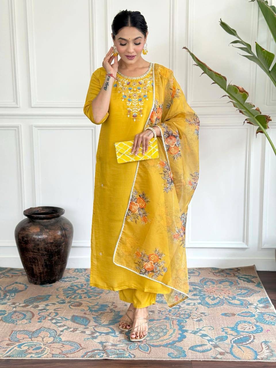 Manini Mustard yellow straight Kurti set with contrasting floral print dupatta
