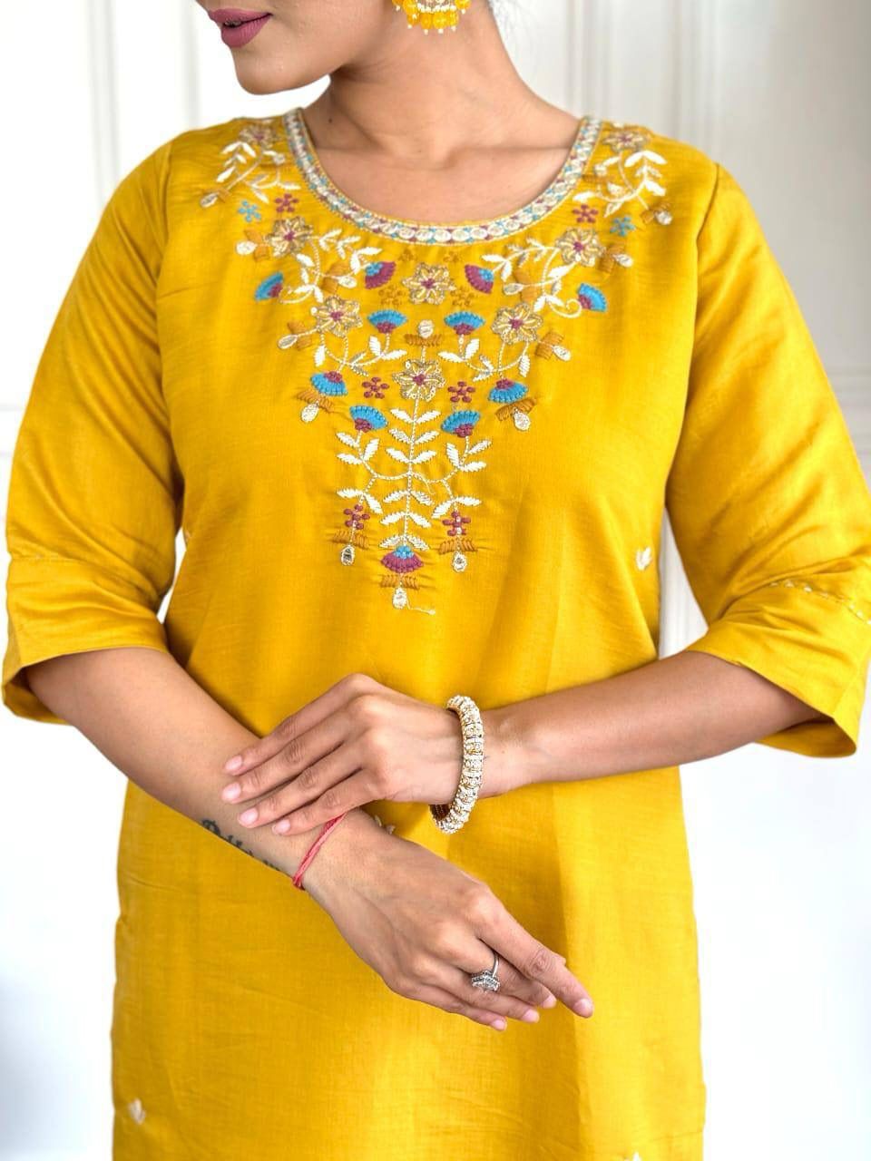Manini Mustard yellow straight Kurti set with contrasting floral print dupatta