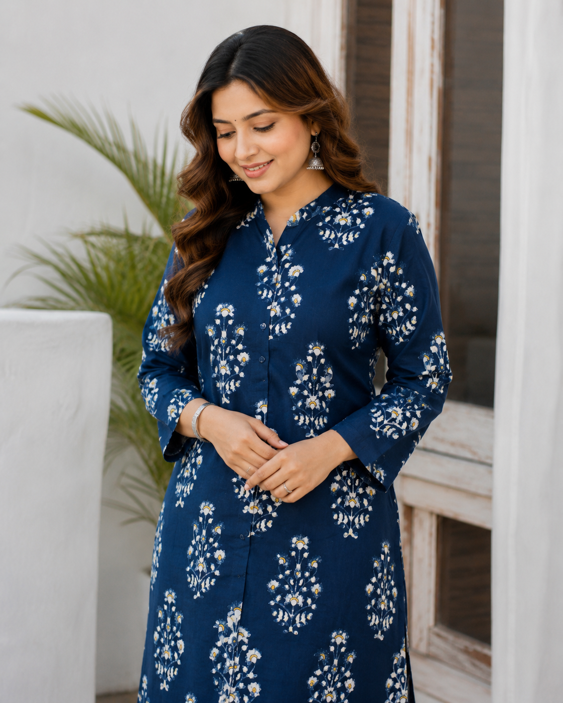 Raagini Straight-Cut Cotton Kurti | Jaipuri Paisley Print |Office & Festive Wear, Navy Blue Floral