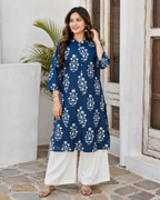 Raagini Straight-Cut Cotton Kurti | Jaipuri Paisley Print |Office & Festive Wear, Navy Blue Floral