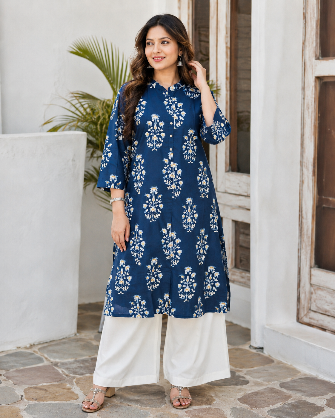 Raagini Straight-Cut Cotton Kurti | Jaipuri Paisley Print |Office & Festive Wear, Navy Blue Floral