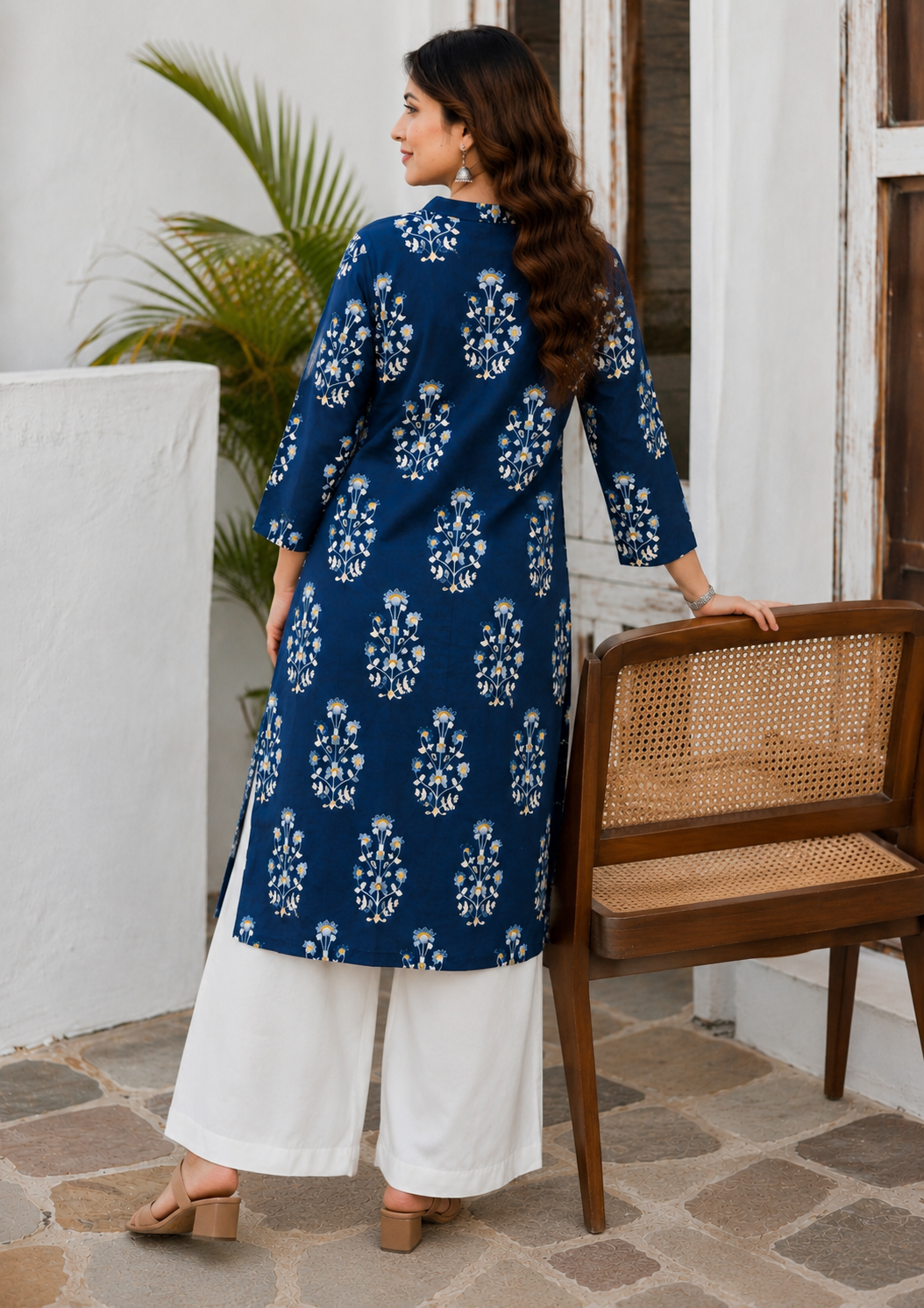 Raagini Straight-Cut Cotton Kurti | Jaipuri Paisley Print |Office & Festive Wear, Navy Blue Floral