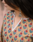 Women's Mustard Floral Print Cotton Kurti | Short Kurti with Lace Detail