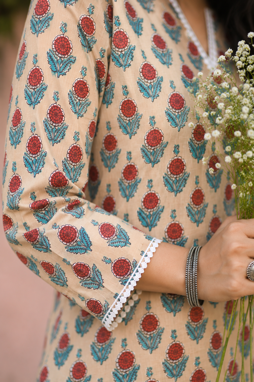 Women's Mustard Floral Print Cotton Kurti | Short Kurti with Lace Detail