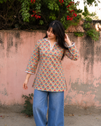 Women's Mustard Floral Print Cotton Kurti | Short Kurti with Lace Detail