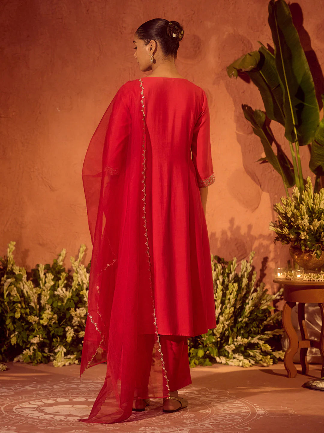 Ragini Women’s Red Viscose Chanderi Embroidered Ethnic A-Line Kurta Set with Dupatta