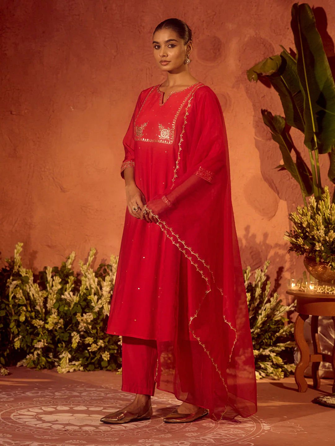 Ragini Women’s Red Viscose Chanderi Embroidered Ethnic A-Line Kurta Set with Dupatta