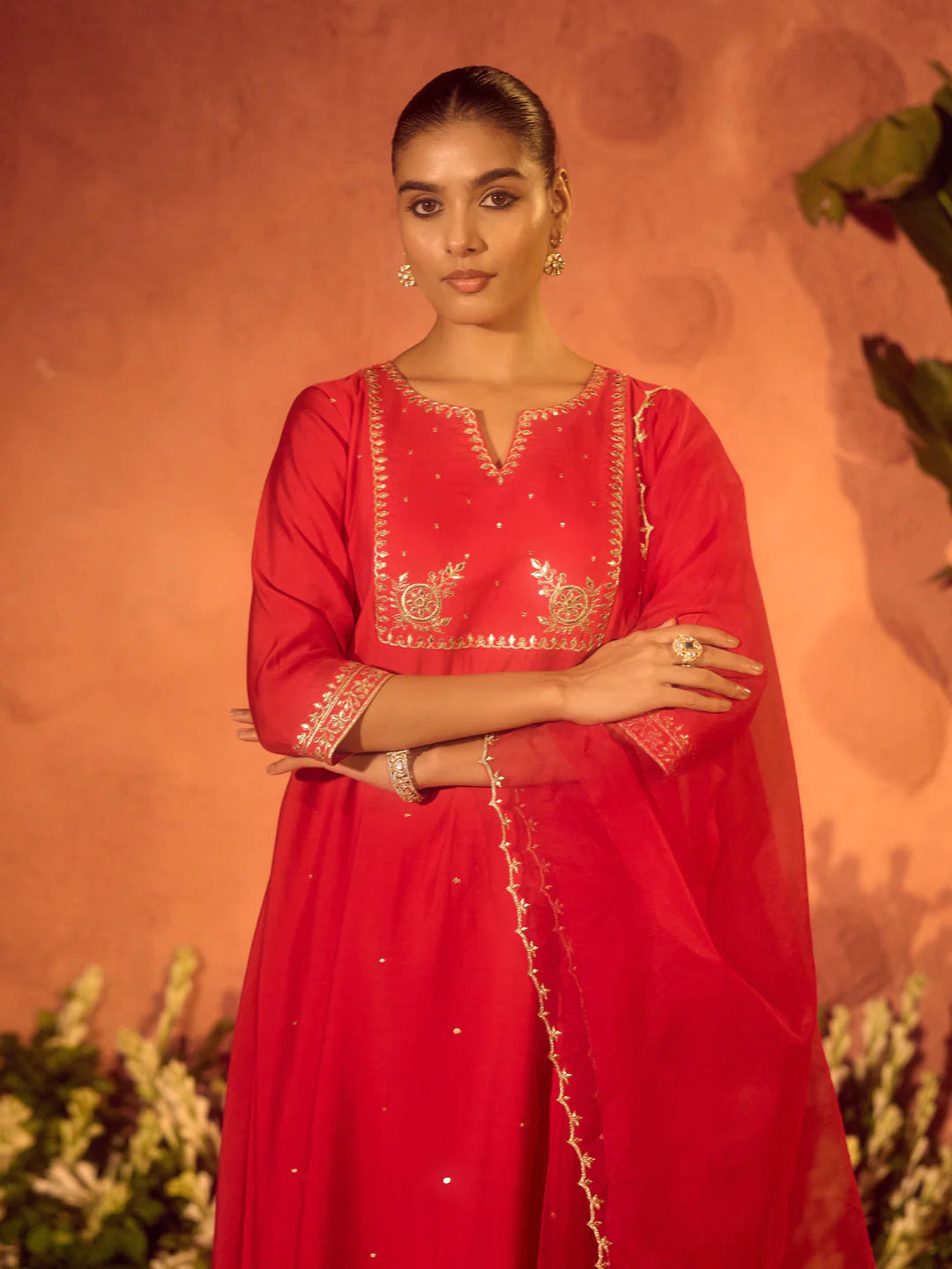 Ragini Women’s Red Viscose Chanderi Embroidered Ethnic A-Line Kurta Set with Dupatta