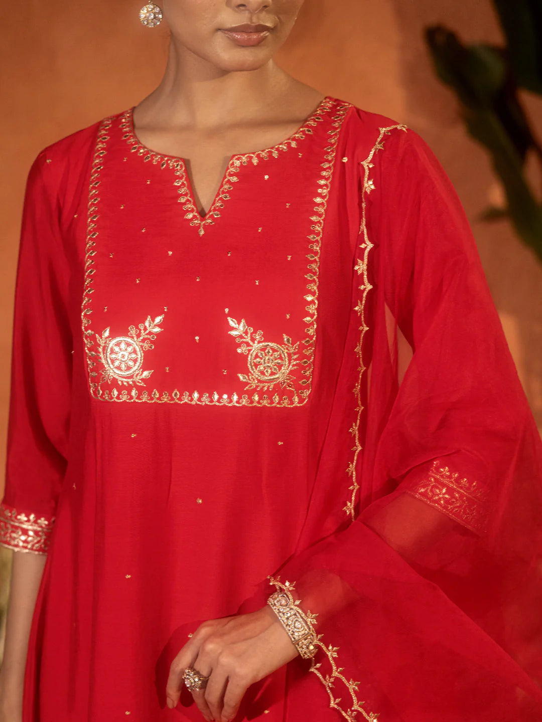 Ragini Women’s Red Viscose Chanderi Embroidered Ethnic A-Line Kurta Set with Dupatta