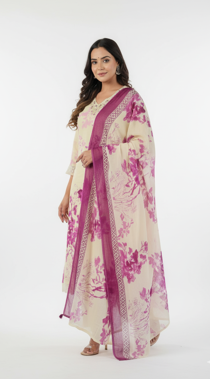 Saaj Cotton with floral print and crochet lace work Kurti set